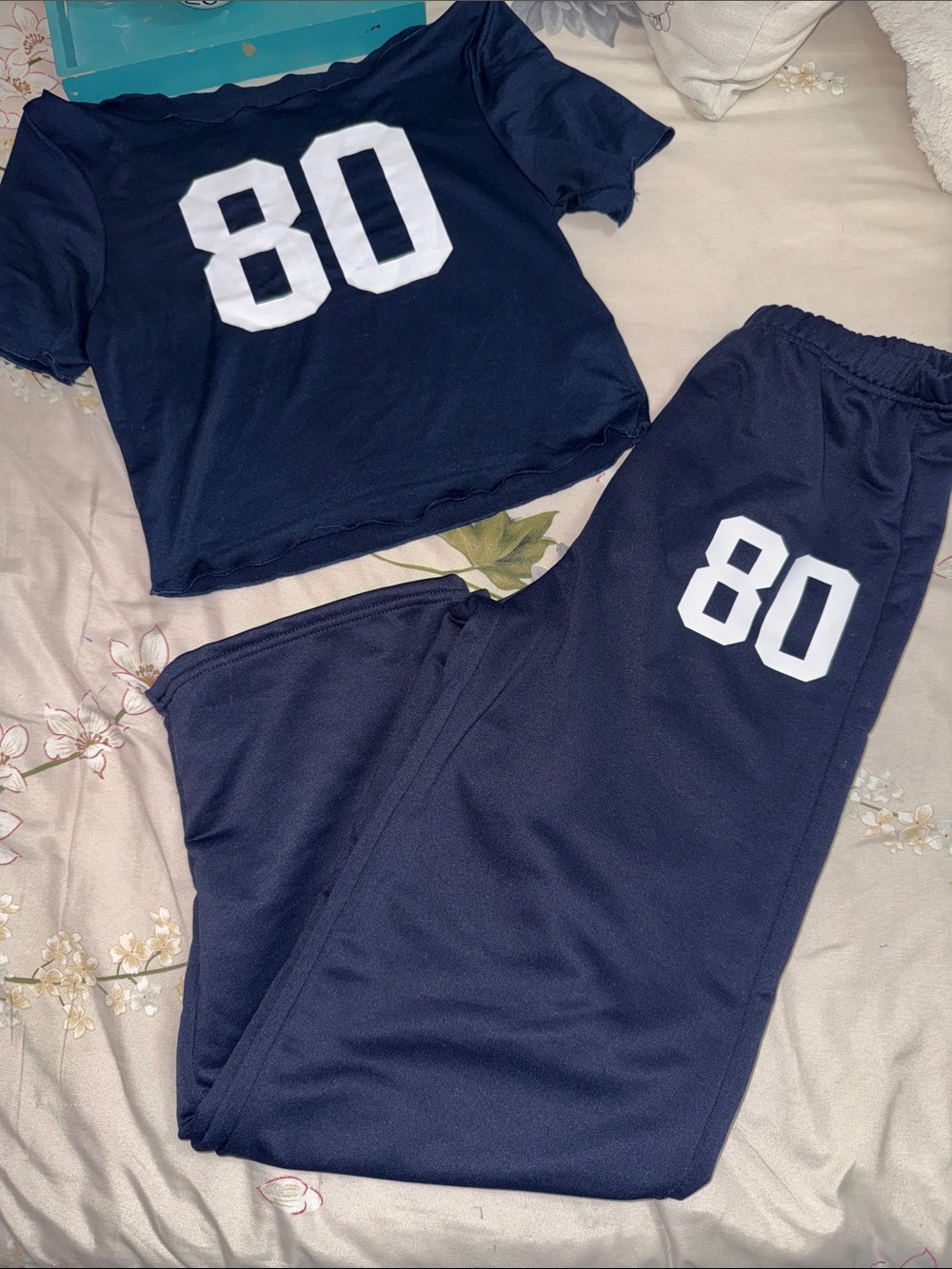 Womans  Navy Blue 80 Graphic wide leg Jogger Set